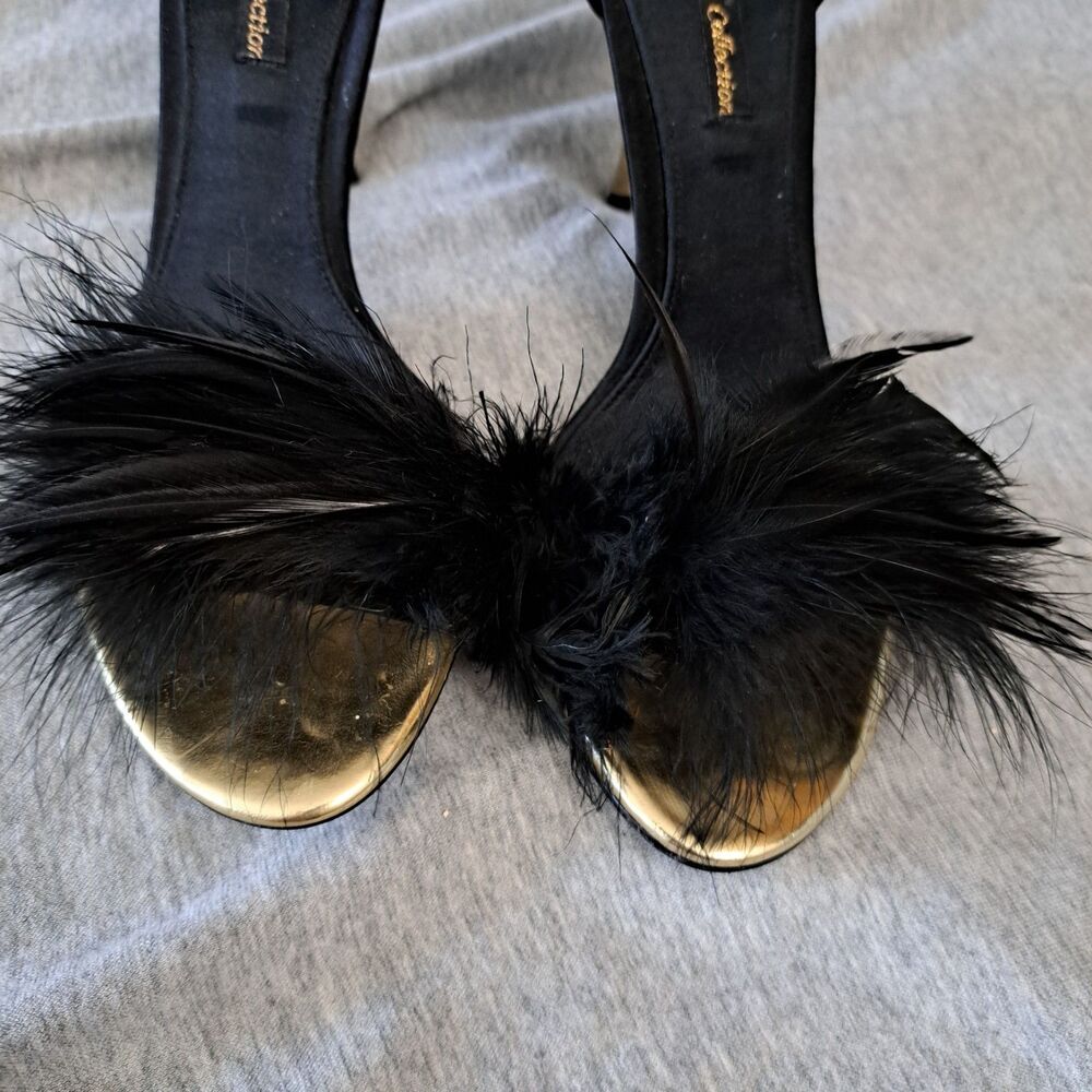ZARA Feathered High-Heel Party Sandals Black& Gold Size USA 7.5 EUR 38 - Picture 2 of 9